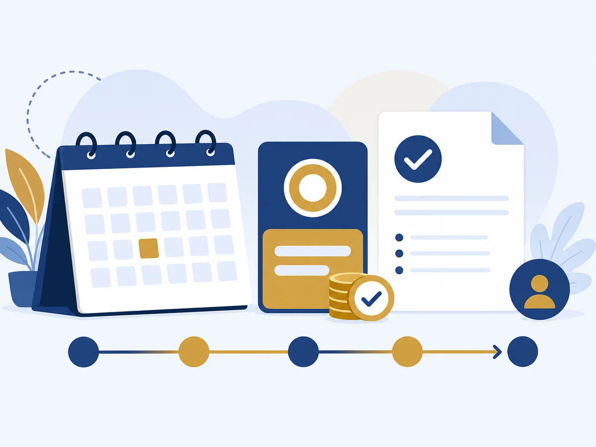 Flat illustration of a pension payment calendar, date card, neutral document, and schedule timeline.